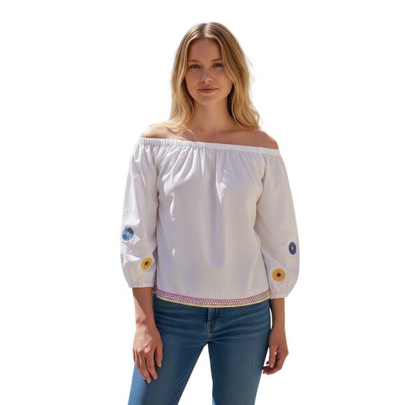 Madewell Tops - Madewell Embroidered Blouse Women SM White Off Shoulder Boho Top Balloon Sleeve